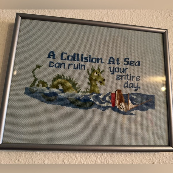 Framed Sea Collision Cross-Stitch Art - Picture 1 of 1